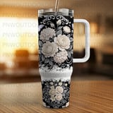 40oz Tumbler Sublimation PNG, Distressed Floral Butterfly Design, Tapered Seamless Wrap, Black White Cream Download, Free Car Coasters thumbnail 4