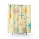 Mid Century Modern Shower Curtain, Bath Mat Retro Atomic Starburst Vintage 1950s Bathroom Decor, Pastel Boho Kitsch Stars Bath Set thumbnail 2