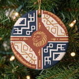 Tribal Lion Ornament, Boho Leo Zodiac Shield Christmas Tree Bauble, Southwestern Geometric Decor, Earth Tone Gift for Big Cat Lover thumbnail 1