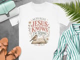 Jesus Knows I'm Trying T-Shirt, Christian Faith Tee, Inspirational Religious Gift for Her, Cottagecore Sparrow Bible Floral thumbnail 5