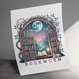 Bookworm Poster, Owl Cat Library Art, Fantasy Landscape Print, Moonlit Scene, Magical Reading Nook Decor, Whimsical Wall Art thumbnail 2