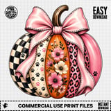 Fall Pumpkin Digital Design with Pink Bow, Leopard & Paw Prints, Floral Pumpkin PNG thumbnail 3