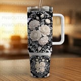 40oz Tumbler Sublimation PNG, Distressed Floral Butterfly Design, Tapered Seamless Wrap, Black White Cream Download, Free Car Coasters thumbnail 3