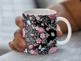 Pink Floral Butterfly Mug Sublimation Wrap 11oz 15oz, Black Background Rose Hydrangea Digital Design, Cottagecore Romantic Garden Mug Print thumbnail 5