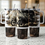 Vintage Car 40oz Tumbler Sublimation Design, Seamless Tapered Wrap Distressed PNG Digital Download, Rustic Barn Garage, Free Car Coasters thumbnail 7