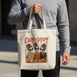 Cozy Season Skeletons Tote Bag, Messy Bun Skeleton Friends Fall Autumn Coffee Lover Halloween Spooky Cute Canvas Bag Gift Banner thumbnail 6