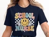 School Nurse T-Shirt: Retro Smiley Face, Checkerboard, Daisy Flowers Design thumbnail 7