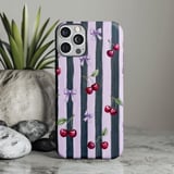Dark Coquette Cherry Tough Phone Case, Lilac Purple Striped Bow Phone Cover, Gothic Ribbon Cherry Pattern Aesthetic Gift For Her thumbnail 1