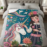 Magical Unicorn Blanket Pillow Pillow Case: Floral Girl Art, Rainbow, Fantasy thumbnail 9
