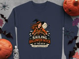 Sailing Halloween Witch At The Helm Crewneck Sweatshirts Nautical Ocean Ship Wheel Graphic thumbnail 8