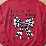 Racing Bow Sweatshirt, Its A Great Day For Racing Shirt, Checkered Bow Crewneck, Race Day Graphic Sweater, Trendy Motorsport Gift For Her thumbnail 2
