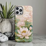 Lotus Flower Tough Phone Case, Pearlescent Floral Aesthetic Cover, Zen Art Nouveau Chinoiserie Gift for Her, Cute Botanical Phone Case thumbnail 1
