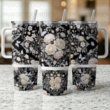 40oz Tumbler Sublimation PNG, Distressed Floral Butterfly Design, Tapered Seamless Wrap, Black White Cream Download, Free Car Coasters thumbnail 2