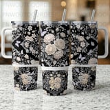 40oz Tumbler Sublimation PNG, Distressed Floral Butterfly Design, Tapered Seamless Wrap, Black White Cream Download, Free Car Coasters thumbnail 5