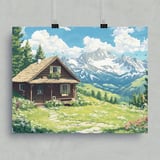 Mountain Cabin Poster, Framed Poster, Alpine Landscape, Cottagecore Decor, Mountain View Art, Cozy Home Print, Nature Artwork, Wall Decor thumbnail 4