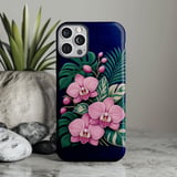 Pink Orchid Tough Phone Case Faux Embroidery Floral Botanical Cover Cottagecore Tropical Flower Case Plant Mom Gift for Her Aesthetic Phone thumbnail 1