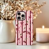 Coquette Cherry Tough Phone Case, Cute Pink Ribbon Bow Aesthetic Phone Cover, Vintage Striped French Chic Cherry Gift for Her thumbnail 4