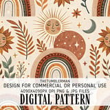 Digital Pattern, Celestial Boho, Rainbow Sun Moon Stars, Digital Bundle, Commercial Use, Planner Stickers, Scrapbooking, Fabric Design thumbnail 1