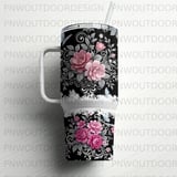 40oz Tumbler Sublimation PNG, Distressed Pink Floral Seamless Design, Tapered Wrap, Black Background, Butterflies, Free Car Coasters thumbnail 5