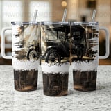 Vintage Car 40oz Tumbler Sublimation Design, Seamless Tapered Wrap Distressed PNG Digital Download, Rustic Barn Garage, Free Car Coasters thumbnail 5