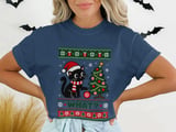 Black Cat What Pushing Christmas Tree Ornament Santa Hat Knitted Holiday Graphic Standard T Shirts thumbnail 6