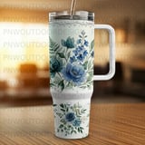40oz Tumbler Wrap Sublimation, Seamless Distressed Tapered, Watercolor Blue Floral, Luxury Digital PNG, Free Car Coasters, Instant Download thumbnail 2