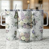 40oz Tumbler Sublimation PNG, Distressed Floral Butterfly Dragonfly Seamless Tapered Wrap Design, Digital Download, Free Car Coasters thumbnail 5