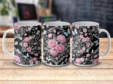 Pink Floral Butterfly Mug Sublimation Wrap 11oz 15oz, Black Background Rose Hydrangea Digital Design, Cottagecore Romantic Garden Mug Print thumbnail 7