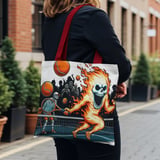 Halloween Tote Bag, Skeleton Tennis Player, Fire Skull, Zombie Spectators, Spooky Tennis Game, Halloween Gift, Unique Tote Bag, Holiday Bag thumbnail 2