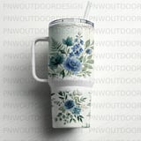 40oz Tumbler Wrap Sublimation, Seamless Distressed Tapered, Watercolor Blue Floral, Luxury Digital PNG, Free Car Coasters, Instant Download thumbnail 6