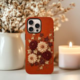 Embroidered Floral Tough Phone Case, Fall Botanical Dahlia Cover, Rustic Burnt Orange Cottagecore Flower Phone Case, Gift for Her thumbnail 4