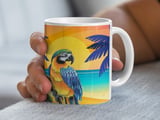 Vibrant Tropical Parrot Art Print Mug, Macaw Sunset Beach Scene , Exotic Paradise Gift  thumbnail 4