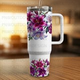 40oz Tumbler Sublimation PNG, Distressed Lily Floral Seamless Wrap, Purple White Flowers Mom Tumbler Design, Add Name, Digital Download thumbnail 3