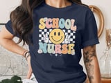 School Nurse T-Shirt: Retro Smiley Face, Checkerboard, Daisy Flowers Design thumbnail 4