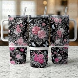 40oz Tumbler Sublimation PNG, Distressed Pink Floral Seamless Design, Tapered Wrap, Black Background, Butterflies, Free Car Coasters thumbnail 4