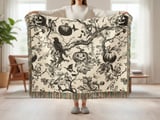 Vintage Halloween Woven Blanket, Dark Gothic Throw Pillow, Spooky Raven Jack O Lantern Toile Blanket, Victorian Dark Academia Home Decor thumbnail 2