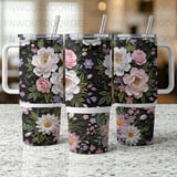40oz Tumbler Sublimation PNG, Distressed Quilled Floral Seamless Wrap, Peony Rose Digital Download, Print Ready Design, Free Car Coasters thumbnail 5