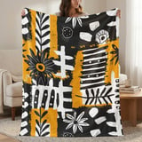 Abstract Floral Velveteen Blanket, Boho Black White Yellow Throw Pillow, Modern Botanical Woven Blanket, Eclectic Art Decor Gift Idea thumbnail 1