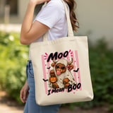 Moo I Mean Boo Halloween Tote Bag, Spooky Cute Highland Cow Ghost Bag, Pink Aesthetic Fall Season Shopping Tote, Funny Cow Lover Gift thumbnail 1
