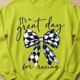 Racing Bow Sweatshirt, Its A Great Day For Racing Shirt, Checkered Bow Crewneck, Race Day Graphic Sweater, Trendy Motorsport Gift For Her thumbnail 3