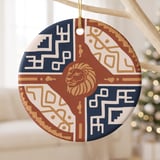 Tribal Lion Ornament, Boho Leo Zodiac Shield Christmas Tree Bauble, Southwestern Geometric Decor, Earth Tone Gift for Big Cat Lover thumbnail 2