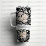 40oz Tumbler Sublimation PNG, Distressed Floral Butterfly Design, Tapered Seamless Wrap, Black White Cream Download, Free Car Coasters thumbnail 6