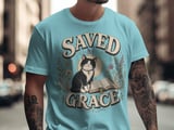 Saved By Grace Christian Cat T-Shirt, Faith Based Tuxedo Kitty and Bible Verse Tee, Cute Religious Floral Women's Gift Shirt thumbnail 4