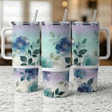 40oz Tumbler Wrap Sublimation, Seamless Tapered Digital Design, Blue Watercolor Flowers, Gold Accents, Luxury Distressed Glitter Pattern thumbnail 2