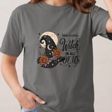 There's A Little Witch In All of Us Shirt, Celestial Witch Hat Floral Graphic Tee, Moon & Stars Halloween Sweatshirt Gift thumbnail 2