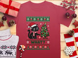 Black Cat What Pushing Christmas Tree Ornament Santa Hat Knitted Holiday Graphic Standard T Shirts thumbnail 1