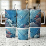 40oz Tumbler Sublimation Wrap Digital Design, Ocean Life Manta Ray Coral Reef Seamless Distressed Tapered thumbnail 10