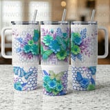 40oz Tumbler Sublimation PNG, Distressed Butterfly Flower Digital Design, Seamless Tapered Wrap, Honeycomb Floral Art, Free Car Coasters thumbnail 4