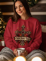 Faith Family Fall Sweatshirt, Christian Autumn Hoodie, Vintage Fall Cross Crewneck, Thanksgiving Tote Bag, Religious Gift for Women thumbnail 1