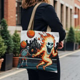 Halloween Tote Bag, Skeleton Tennis Player, Fire Skull, Zombie Spectators, Spooky Tennis Game, Halloween Gift, Unique Tote Bag, Holiday Bag thumbnail 4